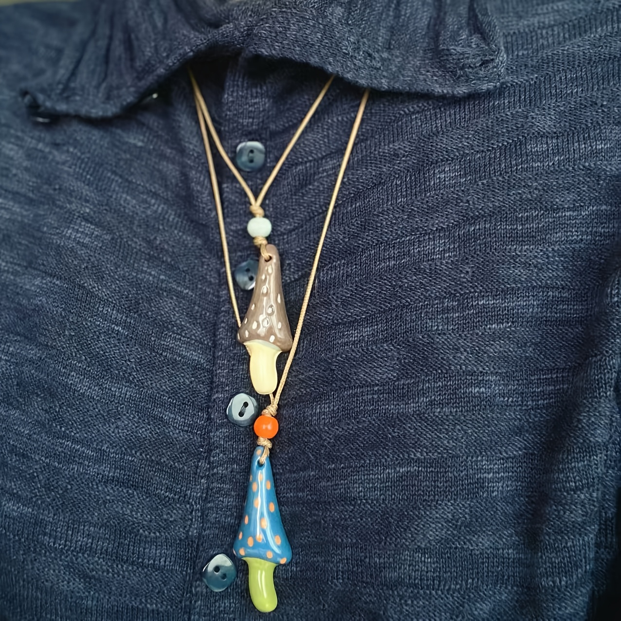 Jingdezhen Ceramic Mushroom Ethnic Art Style Pendant Necklace